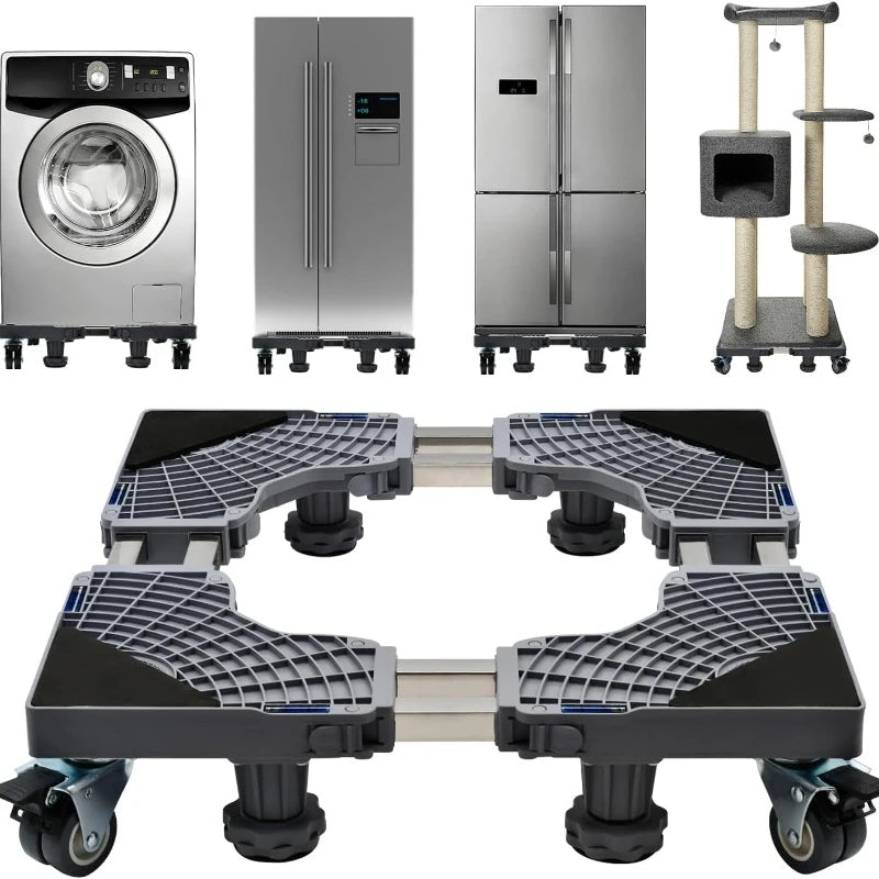 Мобилна основа за хладилник с двойни тръби, 4 заключващи се колела, 4 здрави крачета, стойка за сушилня за мебели и пералня