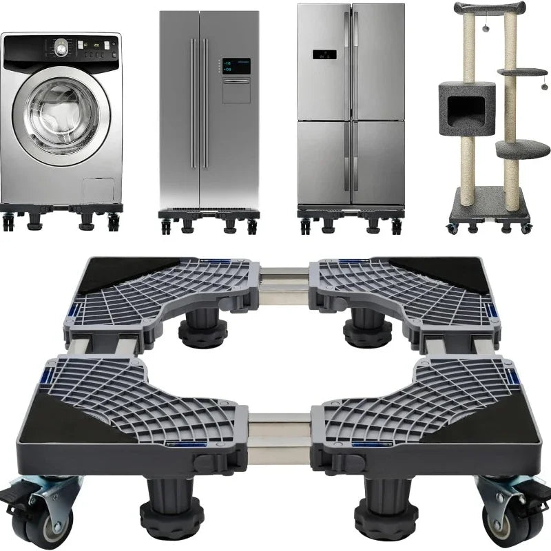 Мобилна основа за хладилник с двойни тръби, 4 заключващи се колела, 4 здрави крачета, стойка за сушилня за мебели и пералня