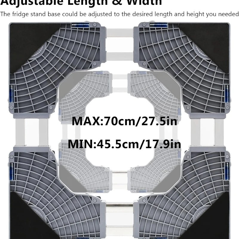 Мобилна основа за хладилник с двойни тръби, 4 заключващи се колела, 4 здрави крачета, стойка за сушилня за мебели и пералня