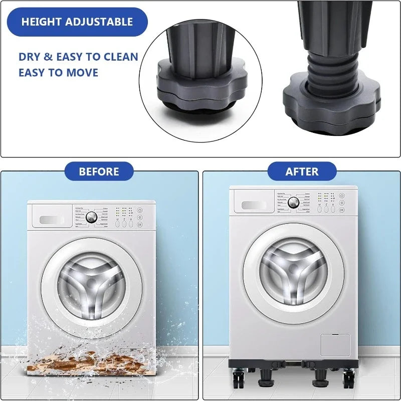 Мобилна основа за хладилник с двойни тръби, 4 заключващи се колела, 4 здрави крачета, стойка за сушилня за мебели и пералня