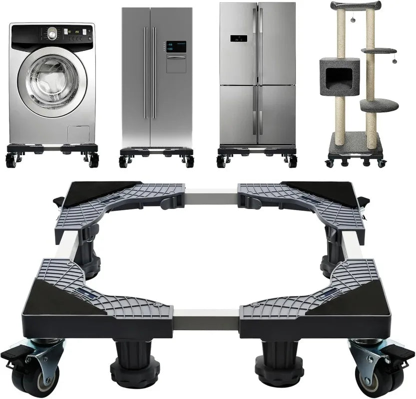 Мобилна основа за хладилник с двойни тръби, 4 заключващи се колела, 4 здрави крачета, стойка за сушилня за мебели и пералня